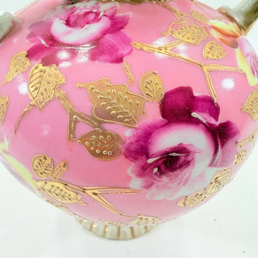 NIPPON Antique Old Mark Moriage Celadon‎ Art Nouveau Vase, Gold Pink Roses 5.75”